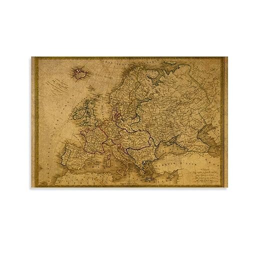 Poster vintage carte Europe 1842 - Peinture décorative sur toile - Décoration murale pour salon, chambre à coucher - 20 x 30 cm