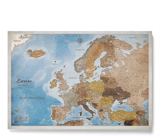 Carte de l'Europe sur toile avec tableau en liège pour épingler les destinations de voyage - Images sur toile de haute qualité avec carte de l'Europe (70x50 cm, Motif 2)