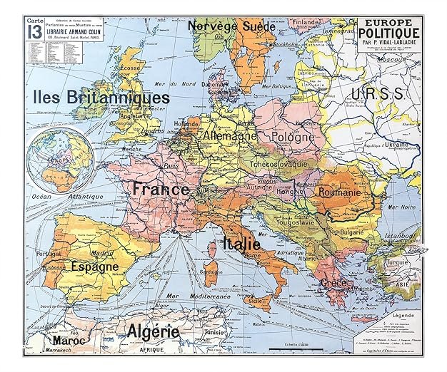 Carte Vidal Lablache N° 13 - EUROPE POLITIQUE - 120 x 100 cm (reproduction ancienne carte scolaire) - Bâche 340 g/m²